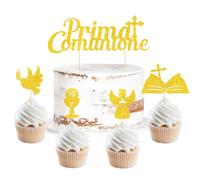 Topper Prima Comunione per Torta, 25 Pezzi Cake Topper Comunione Oro Glitter, Angelo Croce Piccione Santo Graal Topper per Decorazione Torta Prima Comunione Cupcake