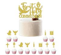 Topper Prima Comunione per Torta - Set da 13 Decorazioni per Torte, 1 Prima Comunione e 12 Decorazioni per Cupcake in 6 Stili, Materiale Sicuro e Luminoso, Ideale per Festa di Prima Comunion