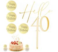 Topper Torta 40 Anni Hello 40 in Acrilico Dorato con 4 Decori Rotondi | Set per compleanno con 1 topper Hello 40 da 10 x 15,5 cm e 4 decori Happy Birthday da 5 x 5 cm per torte e dessert