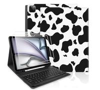 TopPerfekt Custodia per tastiera per iPad Air 13" (M3 2025 / M2 2024) con 2 pellicole protettive in vetro temperato durezza 9H, portapenne, motivo mucca nera