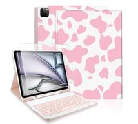 TopPerfekt Custodia per tastiera per iPad Air 13" (M3 2025 / M2 2024) con 2 pellicole protettive in vetro temperato durezza 9H, portapenne, mucca rosa