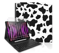TopPerfekt Custodia per tastiera per iPad Pro da 12,9" di 6a/5a/4a/3a generazione (2022/2021/2020/2018) con 2 pellicole protettive in vetro temperato durezza 9H, portapenne, motivo mucca nera