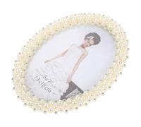 TOPPERFUN Cornice a Forma Ellittica Portafoto con Intarsi di Perle Bianco Avorio Supporto per Foto da Tavolo Decorativo per Immagini Commemorative Cornice per Esposizione Elegante per