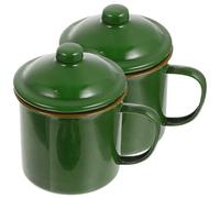 TOPPERFUN Set 2 Pezzi Tazze Smaltate Verde Retro con Manico Antiscivolo, Tazzine da Caffè e Succo per Uso Outdoor e Dessert, Design Pratico e Resistente