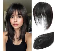 Toppers per capelli da donna in veri capelli umani con frangia, cucito a mano, copertura 360° 3D, naturale per capelli da donna (Natural Black)
