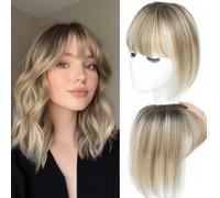 Toppers per capelli da donna in veri capelli umani con frangia, cucito a mano, copertura 360°, naturale per capelli da donna (Ombre Light Brown with Blond Highlight)