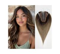 Toppers per capelli da donna Topper for capelli castani ombré senza frangia, pezzo di capelli umani veri annodati a mano, base in pizzo di seta da 3,5"×4", pezzi di capelli lisci con clip for donne co