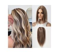 Toppers per capelli Topper for capelli da 12 pollici for donne 4"×4,5" Base in seta Castano Meches Biondo Riga centrale Topper for capelli umani Clip in pezzi di capelli lisci Topper per parrucche per