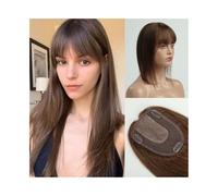 Toppers per capelli Topper for capelli umani da 14 pollici con frangia, pezzi di capelli Remy castani naturali for donne 4"×5.5" Base in seta Clip in Topper for capelli lisci for capelli folti Topper