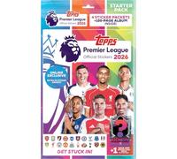 Topps Premier League Stickers 2026 - Starter Pack - Esclusivo online (include un ampio album da 96 pagine, 8 confezioni adesive, una carta da ricamo kick-off e una confezione certificata Hero).