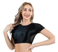 Tops corti lucidi per donne,Tank top maniche corte con texture liscia brillante, t-shirt aderenti uni per streetwear, bluse disco senza cuciture con colletto rotondo for festival, rave, danze club