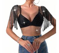 Tops di carri armati di diamanti da donna, Nero Sexy Mesh Nappel Wasel Hollow Out Crop Tops, Vedi attraverso il giubbotto scintillante di strass per il Festival Club Rave Outfit Abbigliamento da club