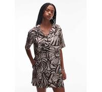 Topshop - Camicia stile resort in raso marrone con stampa di conchiglie in coordinato S