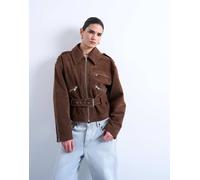 Topshop - Giacca biker in camoscio sintetico marrone slavato con cintura bassa L