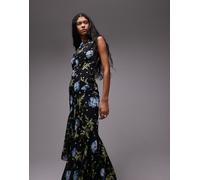 Topshop - Vestito boutique midi da cerimonia nero a fiori con fondo godet 42