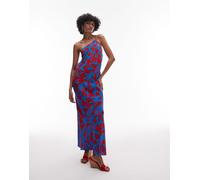 Topshop - Vestito da cerimonia midi asimmetrico monospalla blu e rosso con stampa a fiori e schiena scoperta 44
