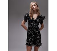 Topshop - Vestito da giorno corto nero a pois con maniche arricciate 50