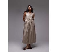 Topshop - Vestito midi tortora con vita scesa in popeline pesante-Marrone 40