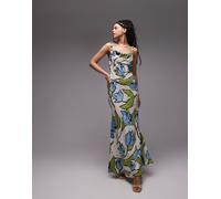 Topshop - Vestito sottoveste midi verde e blu a fiori con scollo ad anello e spalline con perline-Multicolore 40