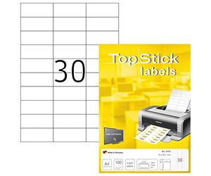 TopStick Multi-uso Etichette autoadesive, 30/рано per A4, 1000 fogli, 70 x 29,7 mm, 30000 etichette universali grid per stampanti laser e inkjet, versiones!! réussi