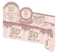 TOPWAYS 50 Anni Compleanno Oro Rosa Carta Piatti Set, Carta Piatti Tazze Tovaglia Tovaglioli Stoviglie 50 Anni Compleanno Decorazione Regalo di Festa per Ragazza Donna 16 Ospiti (compleanno 50)
