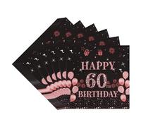 TOPWAYS 60 tovaglioli decorativi di compleanno, 40 pezzi, colore nero, oro rosa, tovaglioli, decorazione da tavolo, per 60 compleanno, ragazza, donna, donna, Happy Birthday Tovaglioli decorativi