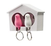 TOPWAYS Portachiavi a forma di casetta per uccelli con passero e ganci autoadesivi (uccello bianco e rosa)