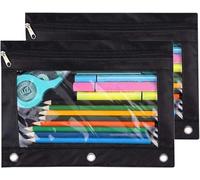 TOPWOOZU Pencil Pouch 3 anelli, con cerniera, confezione da 2 pezzi, colore nero, Nero, Astuccio