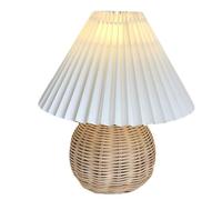 Topyond Rattan Wicker Lamp,Small Table Lamp Bedside Nightstand Mini Lamp for Bedroom Living Room,Scalloped Lamp Shade,Side Table Rattan Pleated Aesthetic Vintage Lamp