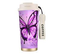TopZeDeals Tazza da caffè in acciaio inox 316 con farfalla viola, doppia bevanda, bianca, tazza da viaggio isolata con cannuccia, portatile