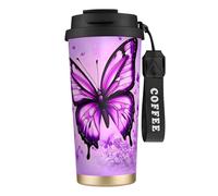 TopZeDeals Tazza da caffè in acciaio inox 316 con farfalla viola, doppia tazza da caffè nera, tazza da viaggio isolata con cannuccia, portatile