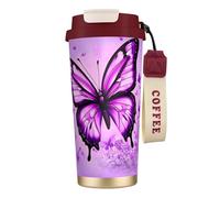 TopZeDeals Tazza da caffè in acciaio inox 316 con farfalla viola, doppia tazza da caffè rossa, isolata, tazza da viaggio con cannuccia, portatile