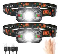 Torcia frontale a LED ricaricabile, confezione da 2, super luminosa, 2000 lm, durata 20 ore, 5+1 modalità, regolabile, con sensore di movimento, faro impermeabile con luce rossa, per campeggio, pesca,
