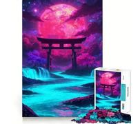Torii al neon sotto una luna cremisi, puzzle da 1000 pezzi per adulti, gioco stimolante per il tempo libero, taglio preciso, oggetto da collezione (38x26cm)