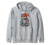 Torii Japan Wave Volcano Sun Mount Fuji Rising Red Felpa con Cappuccio