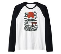 Torii Japan Wave Volcano Sun Mount Fuji Rising Red Maglia con Maniche Raglan