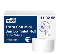 Tork 110255 Rotoli Carta Igienica Extra Soft Mini Jumbo Premium a lunga durata, compatibili con sistema T2, 3 veli, 1 conf. x 12 rotoli (12 x 120 m), 600 strappi x rotolo, bianco