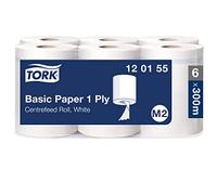Tork 120155 Carta per asciugatura standard Universal a lunga durata, compatibile con sistema M2 (ad estrazione centrale), 1 velo, 1 x 6 rotoli (6 x 300 m), bianco