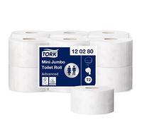 Tork 120280 Rotoli Carta Igienica Mini Jumbo Advanced, compatibili con sistema T2, 2 veli, 1 conf. x 12 rotoli (12 x 170 m), 850 strappi x rotolo, bianco