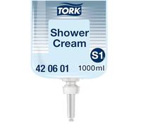 Tork 420601 Sapone Liquido Docciaschiuma per corpo e, 1 flaconi x 1000 ml | capelli, Premium, compatibile con il sistema S1, (6000 dosi), colore azzurro