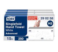 Tork Singlefold Hand Towels, H3, Salviette di carta piegate universali per dispenser Singlefold - economiche, 1 strato, bianche - 15 x 250 fogli, 290258