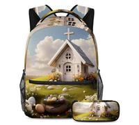 Torna a scuola con stile con il nostro zaino e astuccio da 2 pezzi, set di zaini premium per ragazzi, ragazze, adolescenti, casa bianca con croce pasquale, Multicolore, B:29.4x20x40cm P:19x7.5x3.8cm,