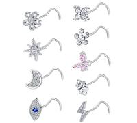 Tornito 9 anelli per naso a forma di L, a forma di vite a forma di fiore, zirconia cubica, fiocco di neve, farfalla, vite, piercing per il naso, gioielli per donne e uomini, 20 g, argento, oro, oro