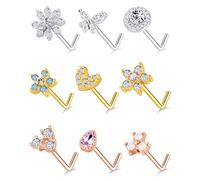 Tornito 9 anelli per naso a forma di L, a forma di vite a forma di fiore, zirconia cubica, fiocco di neve, farfalla, vite, piercing per il naso, gioielli per donne e uomini, 20 g, argento, oro, oro