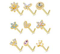 Tornito 9 anelli per naso a forma di L, a forma di vite a forma di fiore, zirconia cubica, fiocco di neve, farfalla, vite, piercing per il naso, gioielli per donne e uomini, 20 g, argento, oro, oro