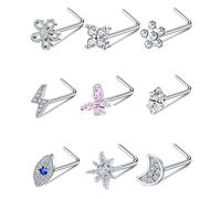Tornito 9 anelli per naso a forma di L, a forma di vite a forma di fiore, zirconia cubica, fiocco di neve, farfalla, vite, piercing per il naso, gioielli per donne e uomini, 20 g, argento, oro, oro