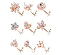 Tornito 9 anelli per naso a forma di L, a forma di vite a forma di fiore, zirconia cubica, fiocco di neve, farfalla, vite, piercing per il naso, gioielli per donne e uomini, 20 g, argento, oro, oro