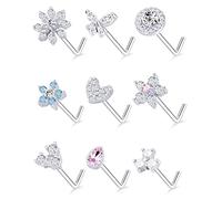 Tornito 9 anelli per naso a forma di L, a forma di vite a forma di fiore, zirconia cubica, fiocco di neve, farfalla, vite, piercing per il naso, gioielli per donne e uomini, 20 g, argento, oro, oro