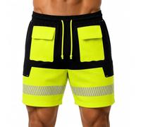 TORO ACTIVA Pantaloncini cargo da uomo con 8 tasche, riflettenti, ad alta visibilità, per sicurezza, con coulisse, multi tasche, vita elasticizzata regolabile, Nero giallo, 3XL