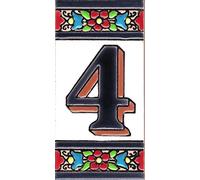 TORO DEL ORO Numeri casa. Numeri e lettere in piastrelle Ceramica smaltata, dipinti a mano tecnica Corda secca. Nomi e indirizzi. Disegno fiore medio 5,5 x 10,5 cm (numero quattro "4")